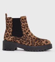New Look Brown Leopard Print Suedette Chunky Chelsea Boots